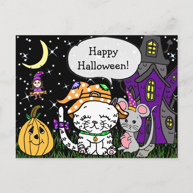 Happy Halloween White Cat and Mouse Cute Postcard (Front)