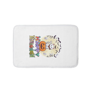 Happy Halloween White Cat Pumpkin Moon Bats Ghosts Bath Mat