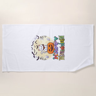 Happy Halloween White Cat Pumpkin Moon Bats Ghosts Beach Towel