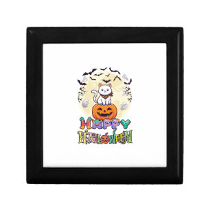 Happy Halloween White Cat Pumpkin Moon Bats Ghosts Gift Box