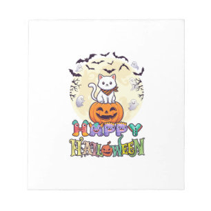 Happy Halloween White Cat Pumpkin Moon Bats Ghosts Notepad