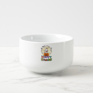 Happy Halloween White Cat Pumpkin Moon Bats Ghosts Soup Mug