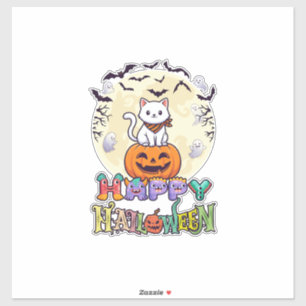 Happy Halloween White Cat Pumpkin Moon Bats Ghosts Sticker
