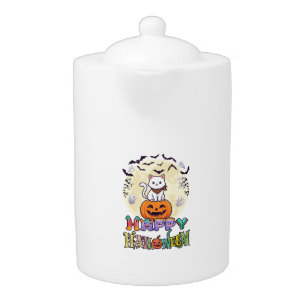 Happy Halloween White Cat Pumpkin Moon Bats Ghosts Teapot
