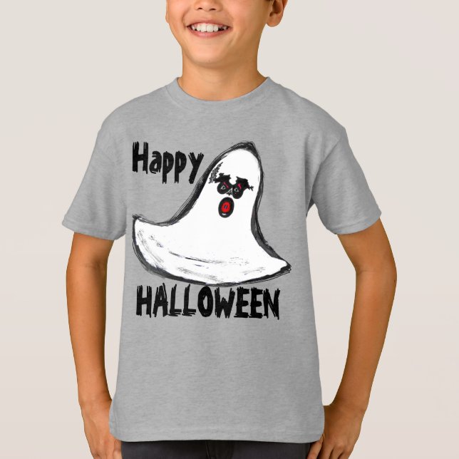 Happy Halloween White Red Ghost T-Shirt (Front)