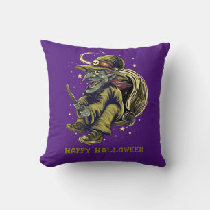 Happy Halloween Wicked Flying Witch Throw Pillow