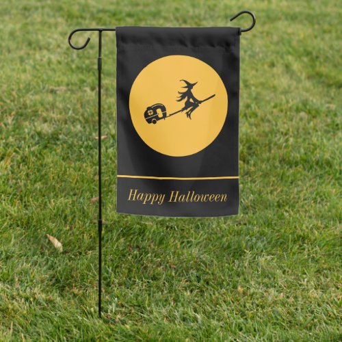 Happy Halloween Witch and Camper Flying Over Moon Garden Flag