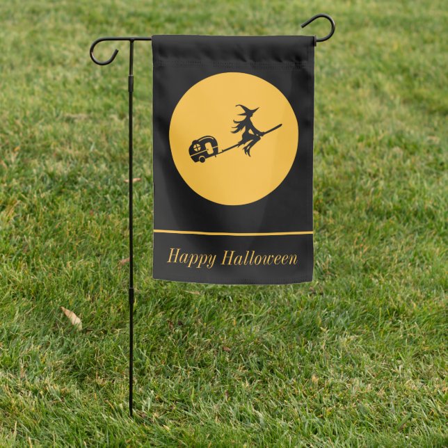 Happy Halloween Witch and Camper Flying Over Moon Garden Flag (In SItu)