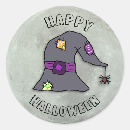 Happy Halloween Witch and Full Moon Classic Round Sticker