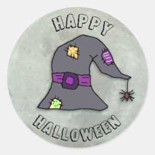 Happy Halloween Witch and Full Moon Classic Round Sticker
