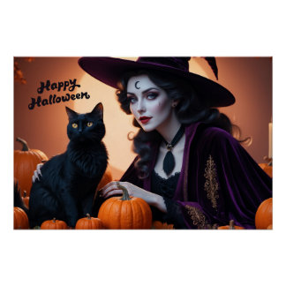Happy Halloween Witch and her Black Cat Poster