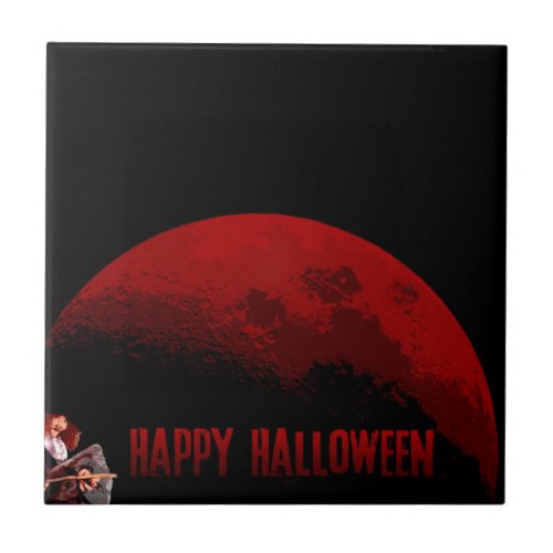 Happy Halloween Witch and Moon Tile