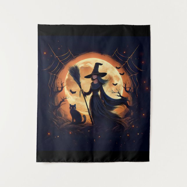 Happy Halloween Witch At Midnight Tapestry (Front)