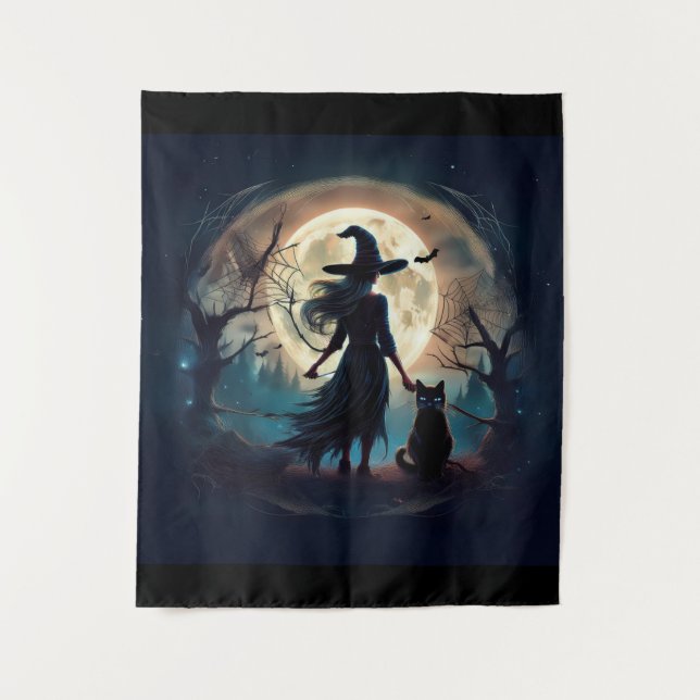 Happy Halloween Witch At Midnight Tapestry (Front)