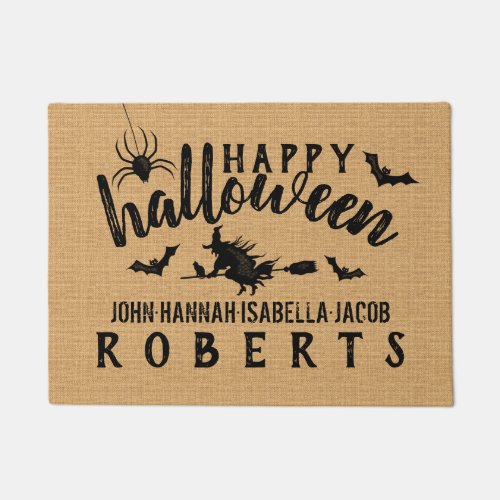 Happy Halloween Witch Bats Custom Rustic Burlap Doormat