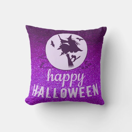 Happy Halloween Witch Bats Full Moon Black Cat     Throw Pillow