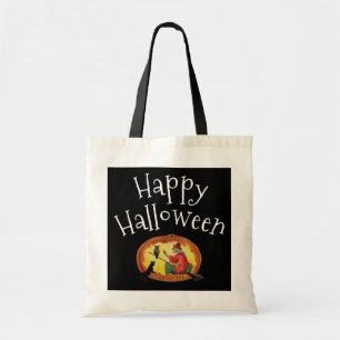 Happy Halloween, Witch, Black Cat and Owl Tote Bag