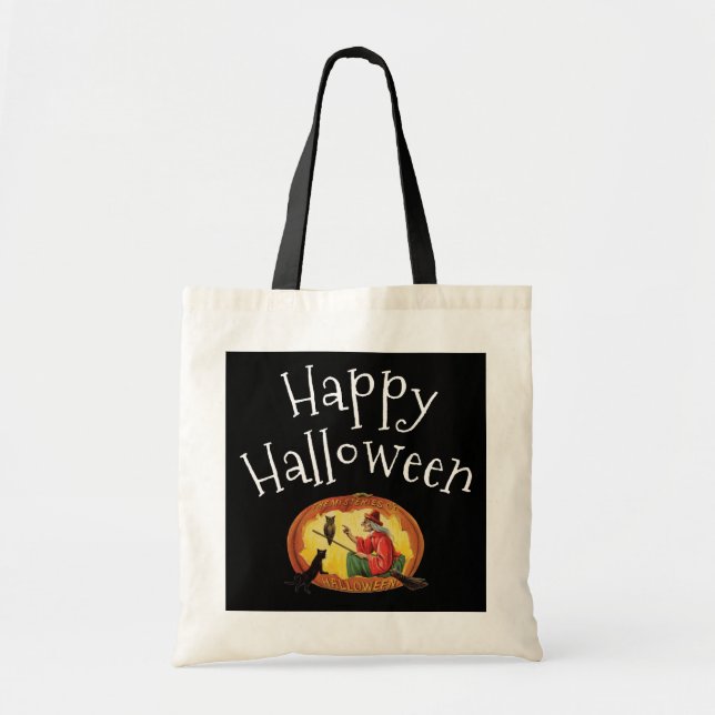 Happy Halloween, Witch, Black Cat and Owl Tote Bag (Front)