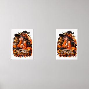 Happy Halloween Witch & Black Cat Pumpkin Gift for Wall Art Sets