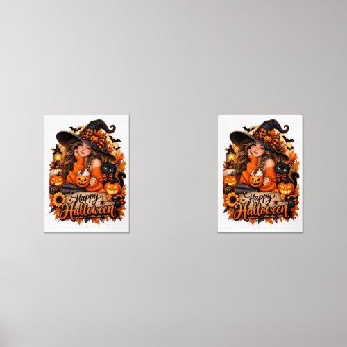 Happy Halloween Witch & Black Cat Pumpkin Gift for Wall Art Sets