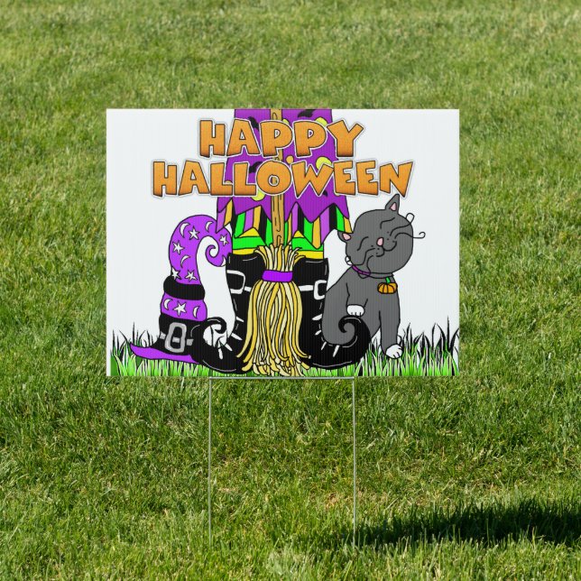 Happy Halloween Witch, broom and Cat Sign (Insitu)