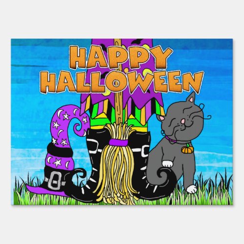 Happy Halloween Witch broom and Cat Sign