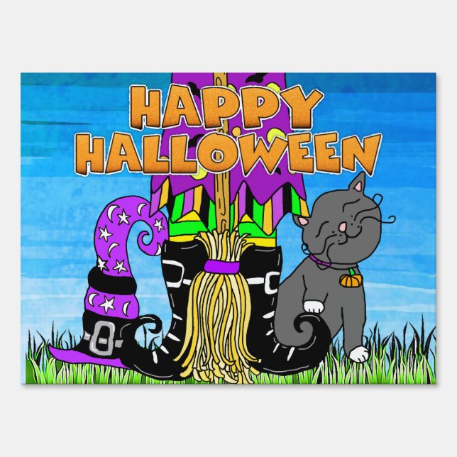 Happy Halloween Witch, broom and Cat Sign (Front)
