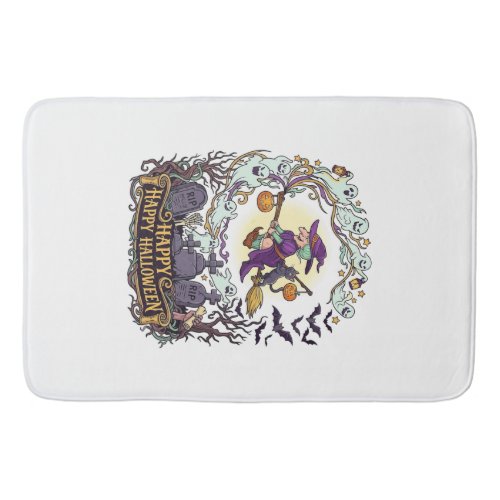 Happy Halloween Witch Broom Black Cat Ghosts_1 Bath Mat