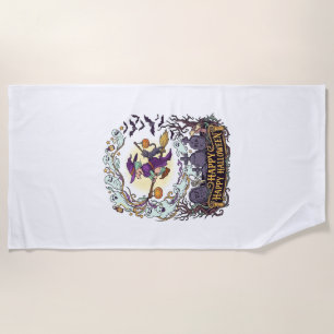 Happy Halloween Witch Broom Black Cat Ghosts_1 Beach Towel