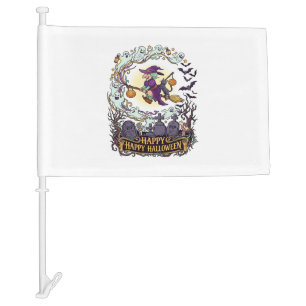 Happy Halloween Witch Broom Black Cat Ghosts_1 Car Flag