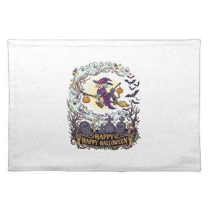 Happy Halloween Witch Broom Black Cat Ghosts_1 Cloth Placemat
