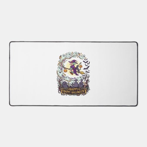 Happy Halloween Witch Broom Black Cat Ghosts_1 Desk Mat