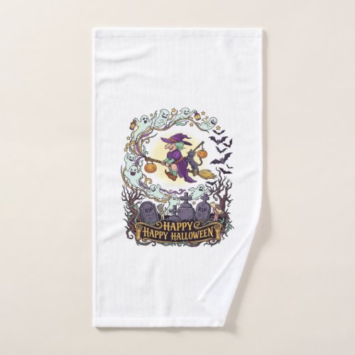 Happy Halloween Witch Broom Black Cat Ghosts_1 Hand Towel