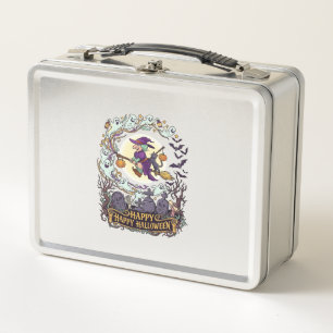 Happy Halloween Witch Broom Black Cat Ghosts_1 Metal Lunch Box