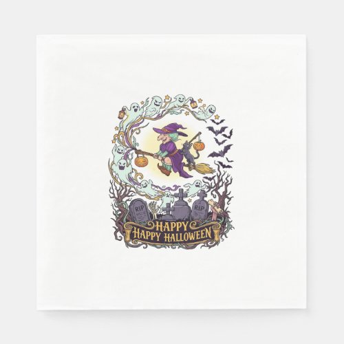 Happy Halloween Witch Broom Black Cat Ghosts_1 Napkins