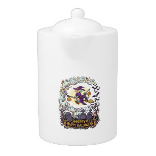 Happy Halloween Witch Broom Black Cat Ghosts_1 Teapot