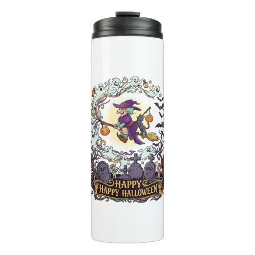 Happy Halloween Witch Broom Black Cat Ghosts_1 Thermal Tumbler