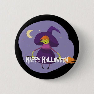 Happy Halloween Witch, Broom, Hat Pinback Button