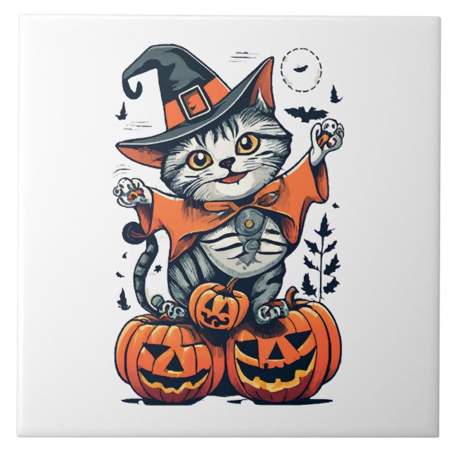 Happy Halloween Witch Cat Ceramic Tile (Front)