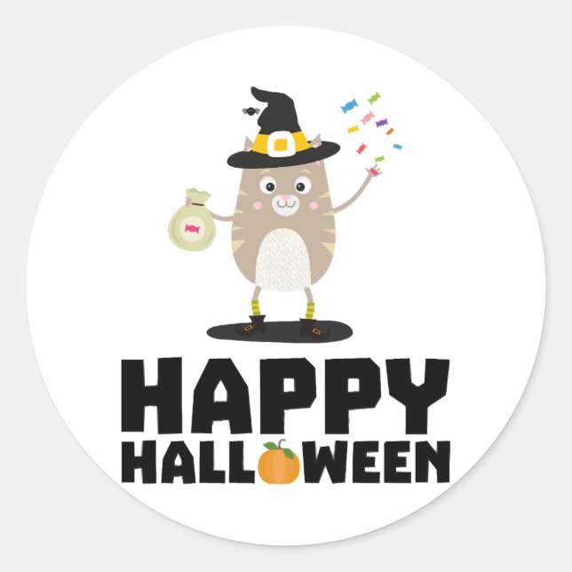 Happy Halloween Witch Cat Classic Round Sticker (Front)