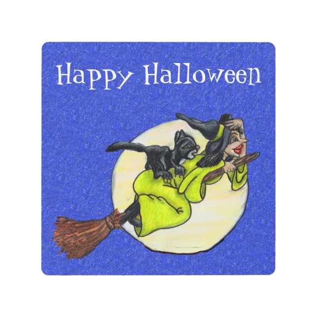 Happy Halloween Witch Cat Flying on Broom Moon Metal Print (Front)