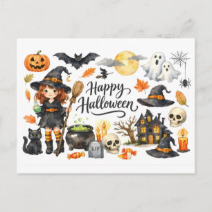 Happy Halloween Witch, Cat, Haunted House and more Holiday Postcard