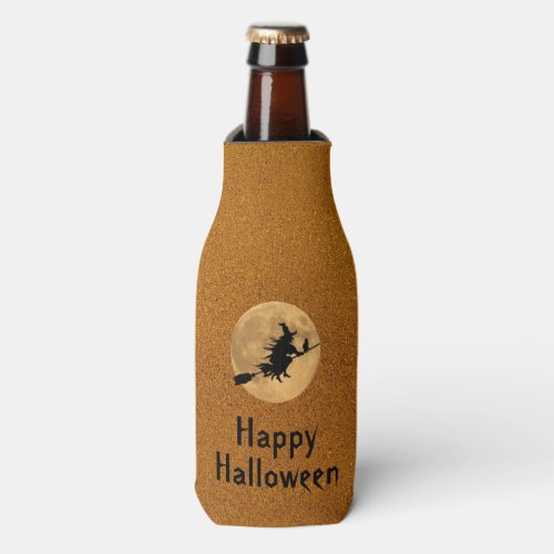 Happy Halloween Witch  Cat on a Broom Silhouette Bottle Cooler