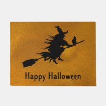 Happy Halloween Witch & Cat on a Broom Silhouette