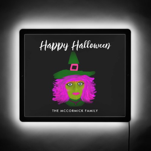 Happy Halloween Witch Custom Family Name LED Sign