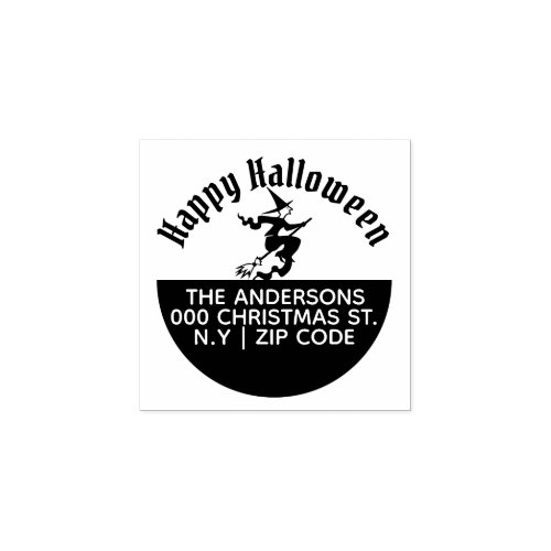 Happy halloween witch flying broom return address rubber stamp