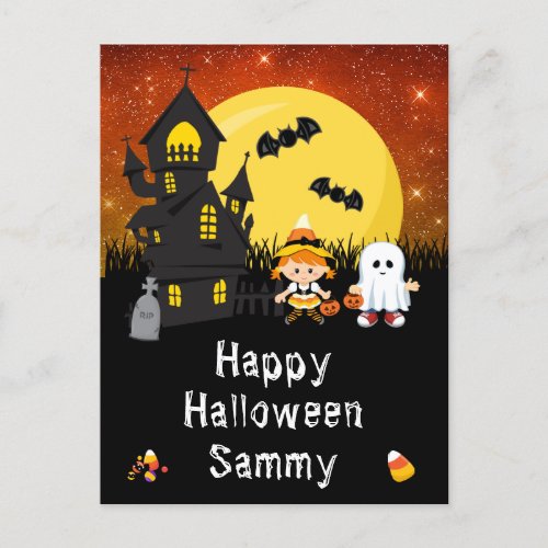 Happy Halloween Witch Ghost Orange Holiday Postcard
