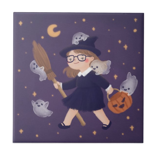 Happy Halloween Witch & Ghosts Ceramic Tile (Front)