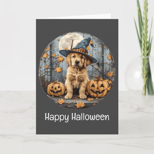 Happy Halloween Witch Golden Retriever Dog Pumpkin Card (Front)