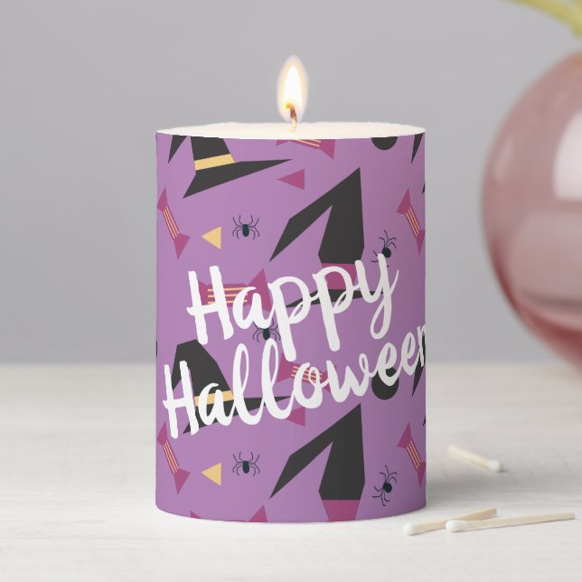 Happy Halloween Witch Hat Candy Spider Pattern Pillar Candle (In Situ)